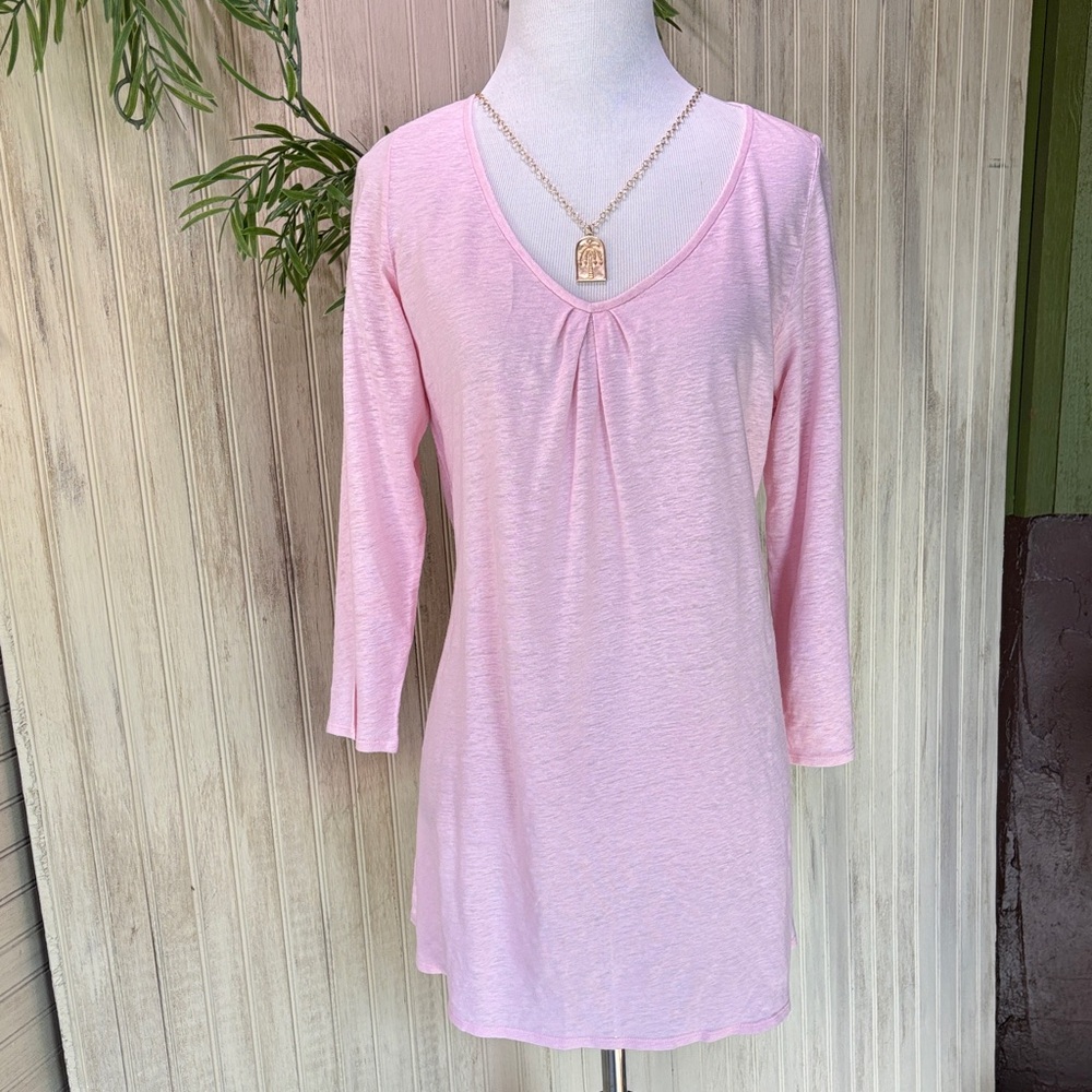 Eileen Fisher Sweet Pink 100% Linen Tunic Top, size Small, NWOT, V-neck pleated